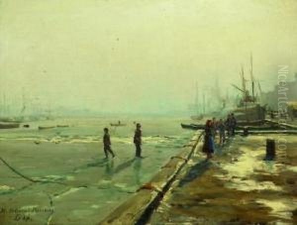 Im Winterlich Zugefrorenem Hafen Oil Painting by Heinrich Petersen-Flensburg