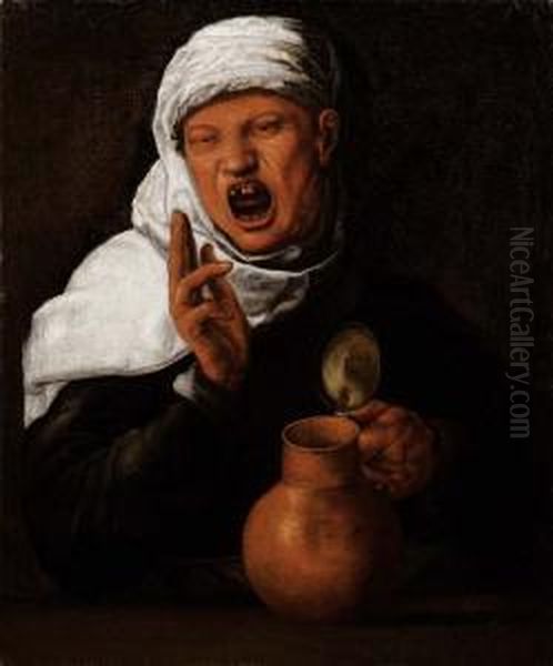 Figura Sdentata Dalla Bocca Spalancata, Con Un Boccale Vuoto A Sinistra E La Mano Destra Benedicente Oil Painting by Simone Peterzano