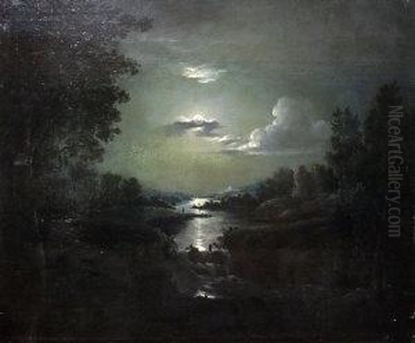 Moonlit River Landscape With Ruins Oil Painting by Abraham Pether