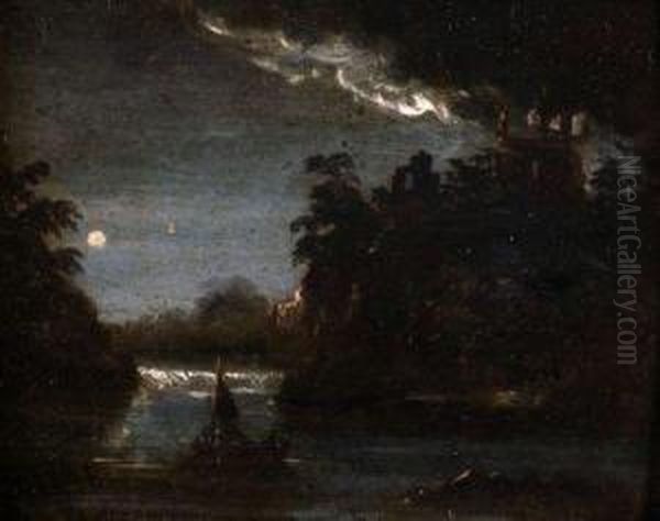 A Moonlit River Landscape With Boats Oil Painting by Abraham Pether