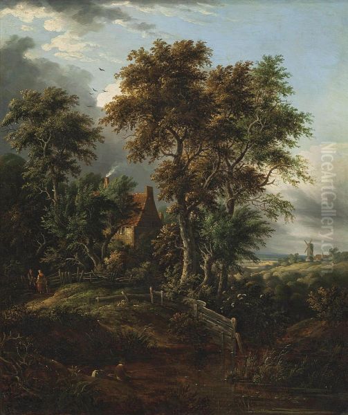 A Wooded Landscape With An Angler By A Cottage And A Windmill Beyond Oil Painting by Abraham Pether