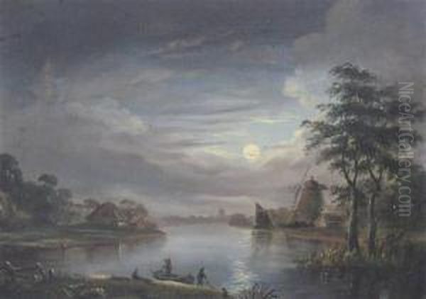 Moonlit River Landscape Oil Painting by Abraham Pether