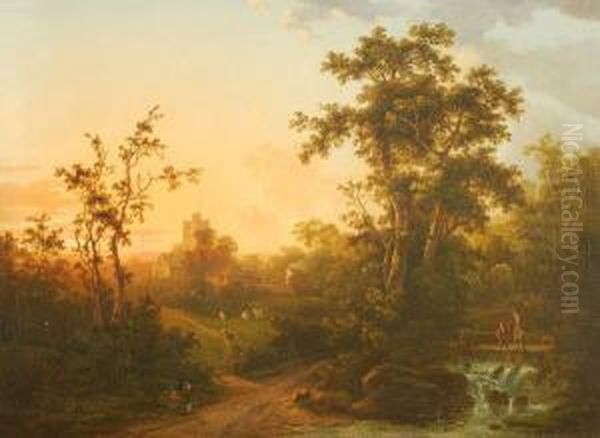 Figures In A Landscape With A Church Beyond Oil Painting by Abraham Pether