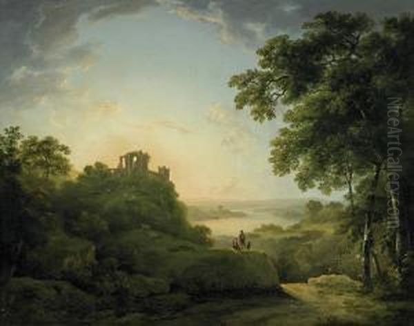 Wide Riverscape With Shepherds Underneath A Castle Ruin Oil Painting by Abraham Pether