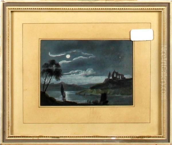 Moonlight Over A Lake And Ruins Oil Painting by Abraham Pether