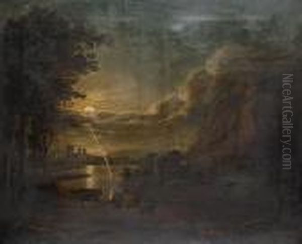 A Moonlit Landscape Oil Painting by Abraham Pether