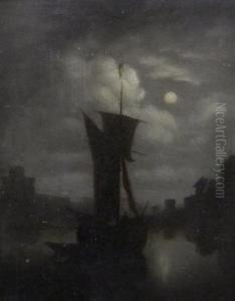 Moonlit Harbour Scene With Moored Shipping Oil Painting by Henry Pether