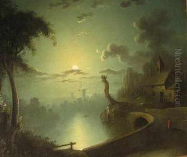 Windmill And Cottages In Moonlight Oil Painting by Henry Pether