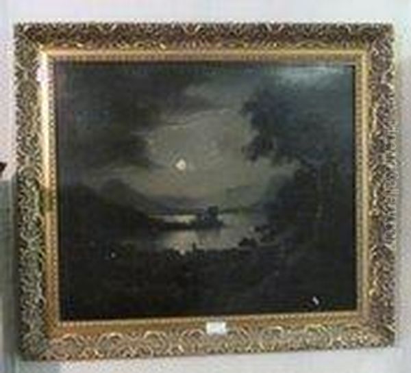 Castle By A Moonlit Lake Oil Painting by Henry Pether