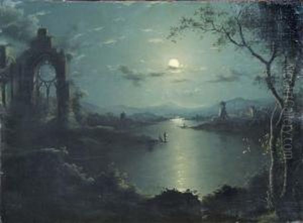 A Moonlit View Of Lake And Church Ruin Oil Painting by Henry Pether