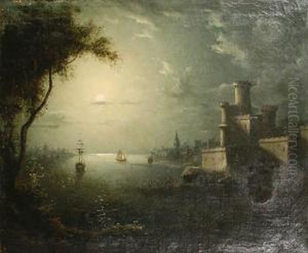 A View Of A Castle On The River, Bymoonlight Oil Painting by Henry Pether