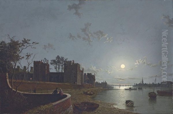 View Of The Thames At Lambeth Palace, By Moonlight Oil Painting by Henry Pether