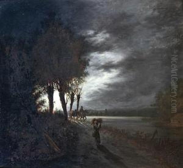 Figures And Horses On A Riverside Pathway Bymoonlight Oil Painting by Henry Pether