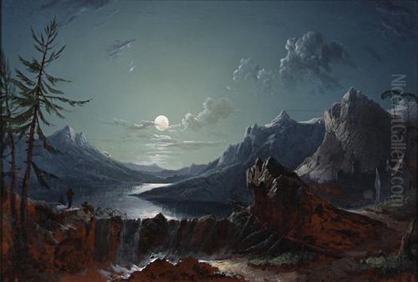 Moonlit Lake Landscape Oil Painting by Sebastian Pether