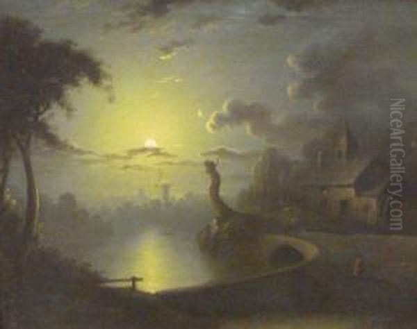 Figure In A Moonlight Landscape Oil Painting by Sebastian Pether