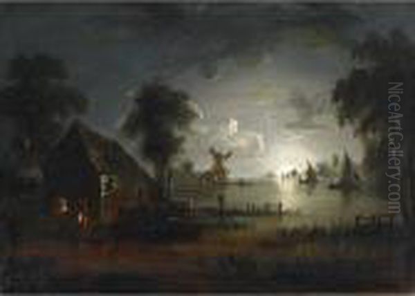 Shipping On A Moonlit Estuary Oil Painting by Sebastian Pether