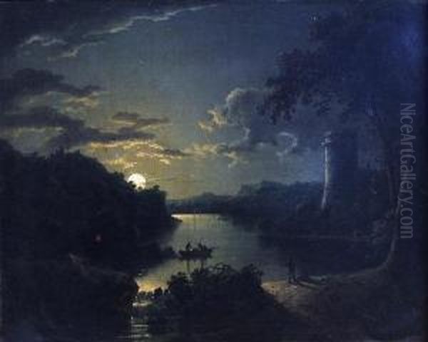 Continental Arcadian River Landscape Inmoonlight Oil Painting by Sebastian Pether