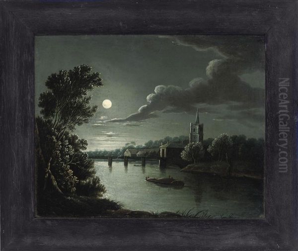 A Moonlit River Landscape With Figures On A Boat, A Church Beyond Oil Painting by Sebastian Pether