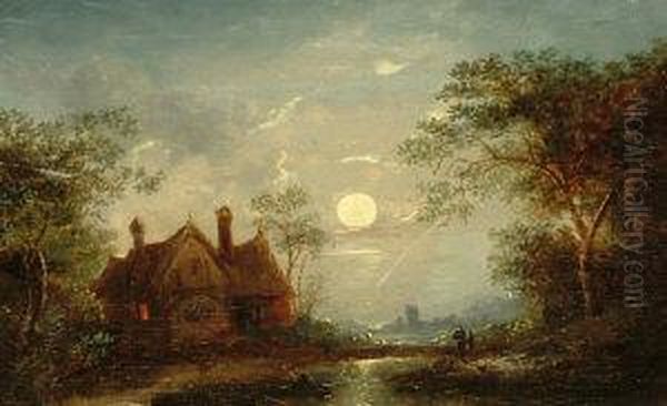 Moonlit Landscape With A Traveller By A Cottage Withwoodland And A Pond Oil Painting by William Pether