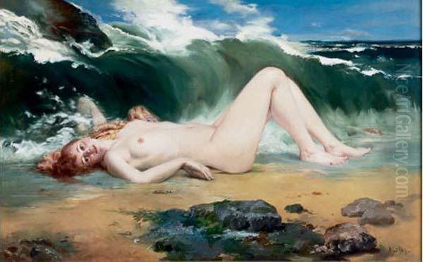 Nu Dans La Vague Oil Painting by Alfred Petit