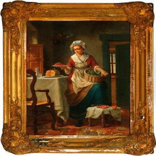 A Servant Girl With Vegetables At The Dining Table Oil Painting by Charles Petit