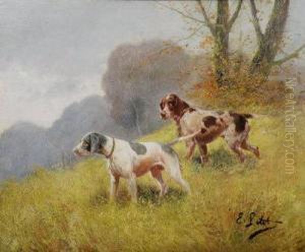 A German Wirehaired Pointer And An English Pointer In An Autumnal Landscape Oil Painting by Eugene Petit