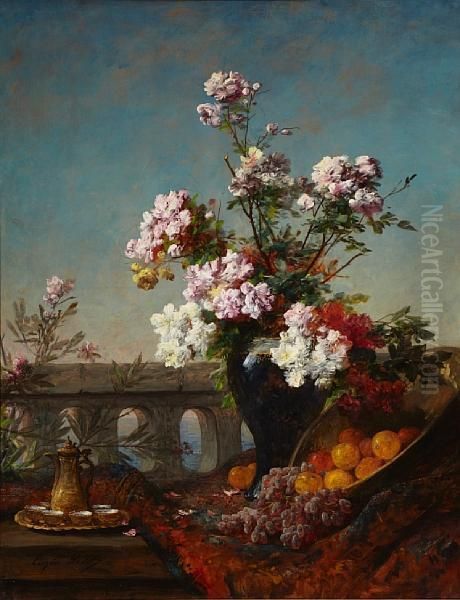 Flowers In An Urn With Fruit By A Bridge Oil Painting by Eugene Petit