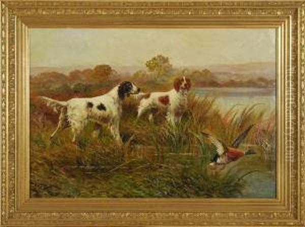 Two Setters Flushing Out A Duck Oil Painting by Eugene Petit