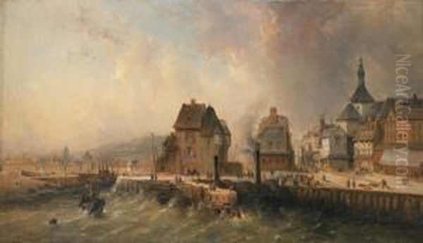 Vue Du Port De Honfleur Oil Painting by Jean Louis Petit