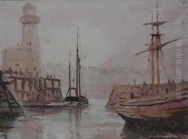 Harbour And Lighthouse Scarborough Oil Painting by John Louis Petit