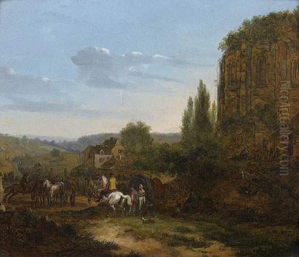 Bergers Pres De La Cascade. Oil Painting by Pierre-Joseph Petit