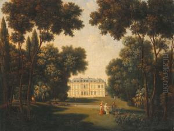 Promeneurs Devant Un Chateau Au Milieu D'une Foret Oil Painting by Pierre-Joseph Petit