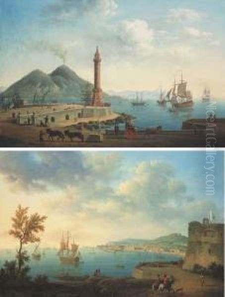 Vue Du Mole Et Du Phare De Naples Avec Le Vesuve A L'arriere-plan;et Vue De La Baie De Naples Cote Ouest Avec Le Fort Carmine Oil Painting by Pierre-Joseph Petit