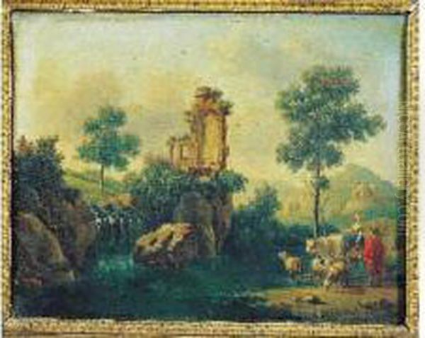 Troupeau S'abreuvant Oil Painting by Pierre-Joseph Petit