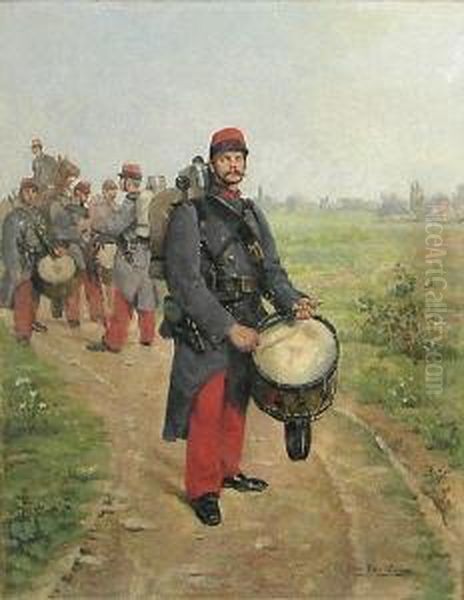 French 28th Infantry Regiment Drummers In Thefield Oil Painting by Pierre Petit-Gerard