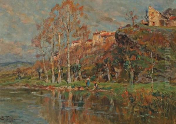 Lavandieres En Bord De Riviere Oil Painting by Edmond Marie Petitjean