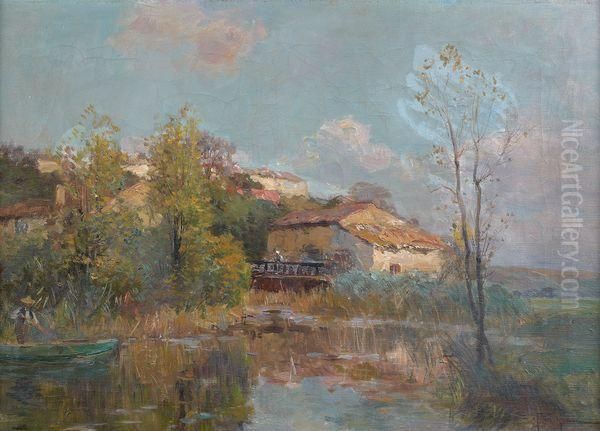 Village En Bord De Riviere Oil Painting by Edmond Marie Petitjean