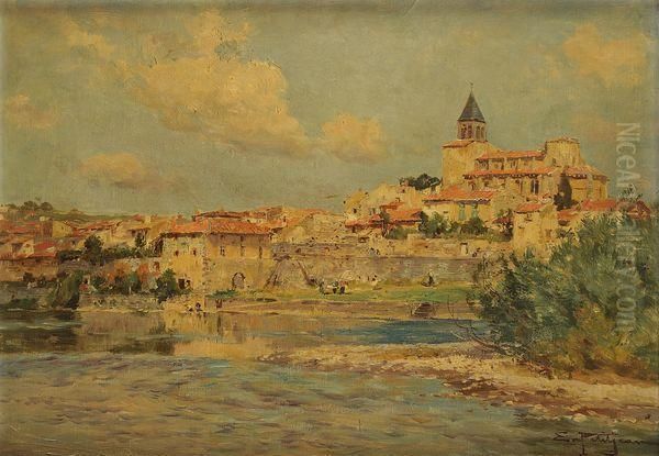 Pont Du Chateau Pres De Clermont Ferrand Oil Painting by Edmond Marie Petitjean