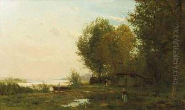 Paysage Lacustre Animee Oil Painting by Edmond Marie Petitjean