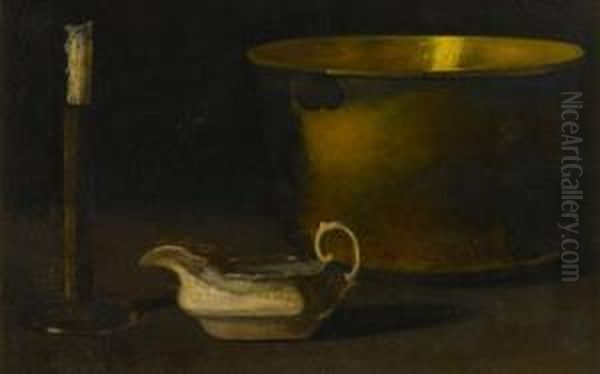 Still Life With Candlestick, Brass, Sewing Kettle And Sauce Boat Oil Painting by John Frederick Peto