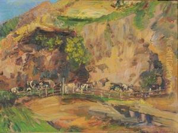 Recinto Con Mucche Oil Painting by Luigi Petrassi