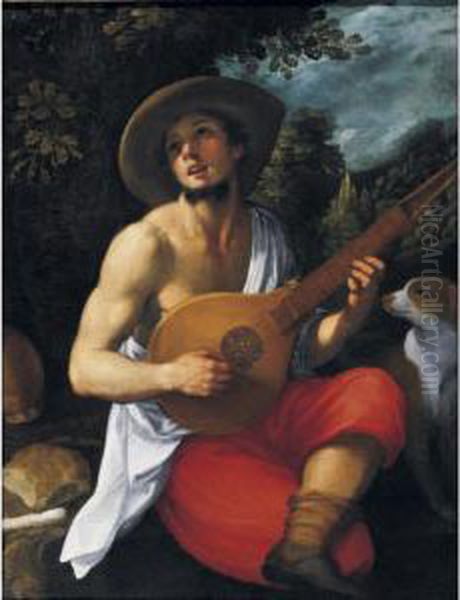 A Youth Playing A Guitar Oil Painting by Astolfo Petrazzi