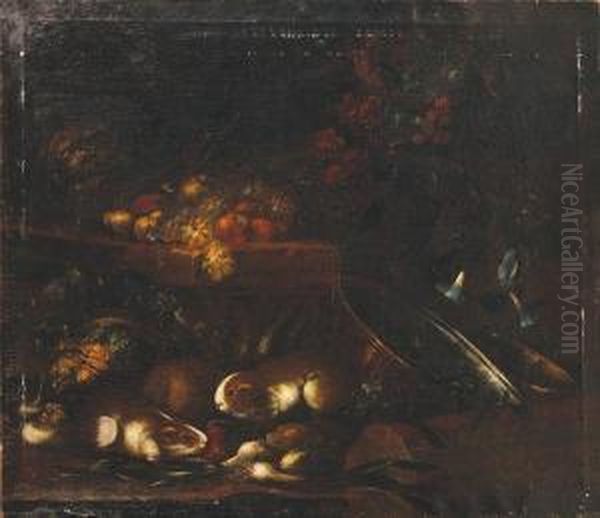 Natura Morta Con
Fiori, Frutta E Porcellini D'india Oil Painting by Astolfo Petrazzi