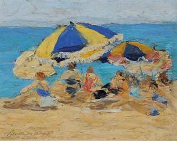 Spiaggia Di Sanremo Oil Painting by Vittorio Petrella Da Bologna