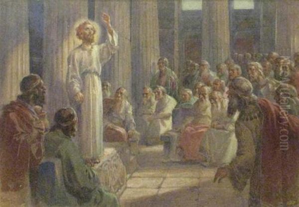 Jesus Preaching In The Temple Oil Painting by Costin Petrescu-Dragoe