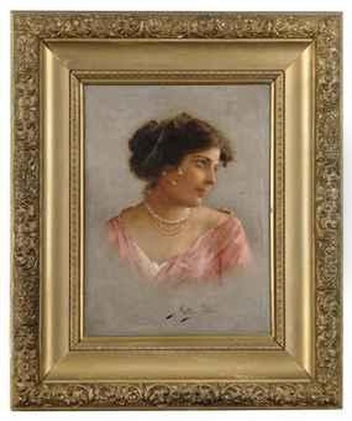 Portrait Of A Lady, Bust-length, In A Pink Dress Oil Painting by Achille Petrocelli