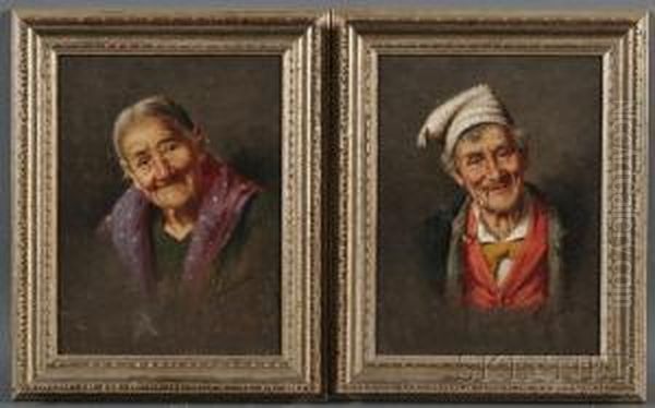 Pair Of Portrait Heads Of Peasants: Grandmother Oil Painting by Arturo Petrocelli