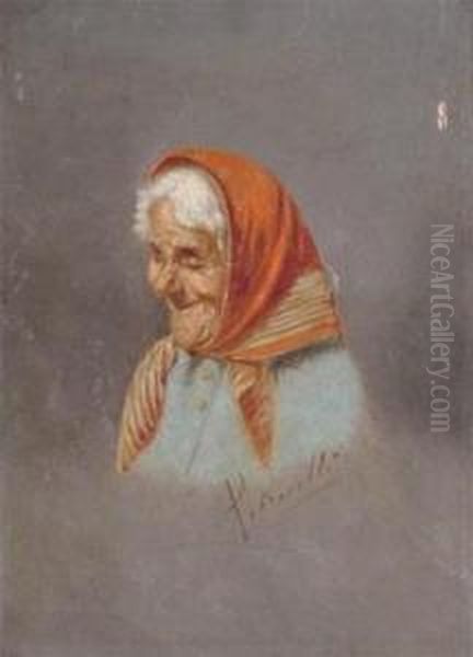 Portrait Of An Old Lady In A Red Headscarf Oil Painting by Arturo Petrocelli