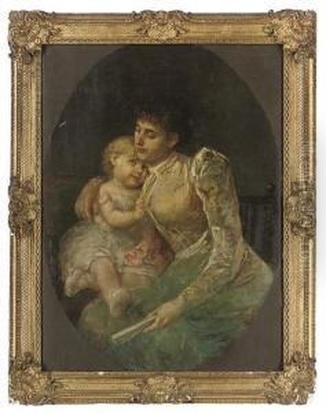 A Mother's Embrace, A Feined Oval Oil Painting by Vincenzo Pasquale Petrocelli