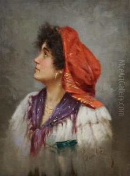 Woman In Bandana Oil Painting by Vincenzo Pasquale Petrocelli